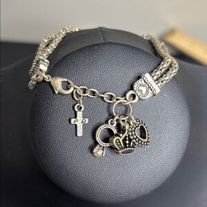 Premier Design Double Strand Silver Tone Charm Bracelet Crown Cross